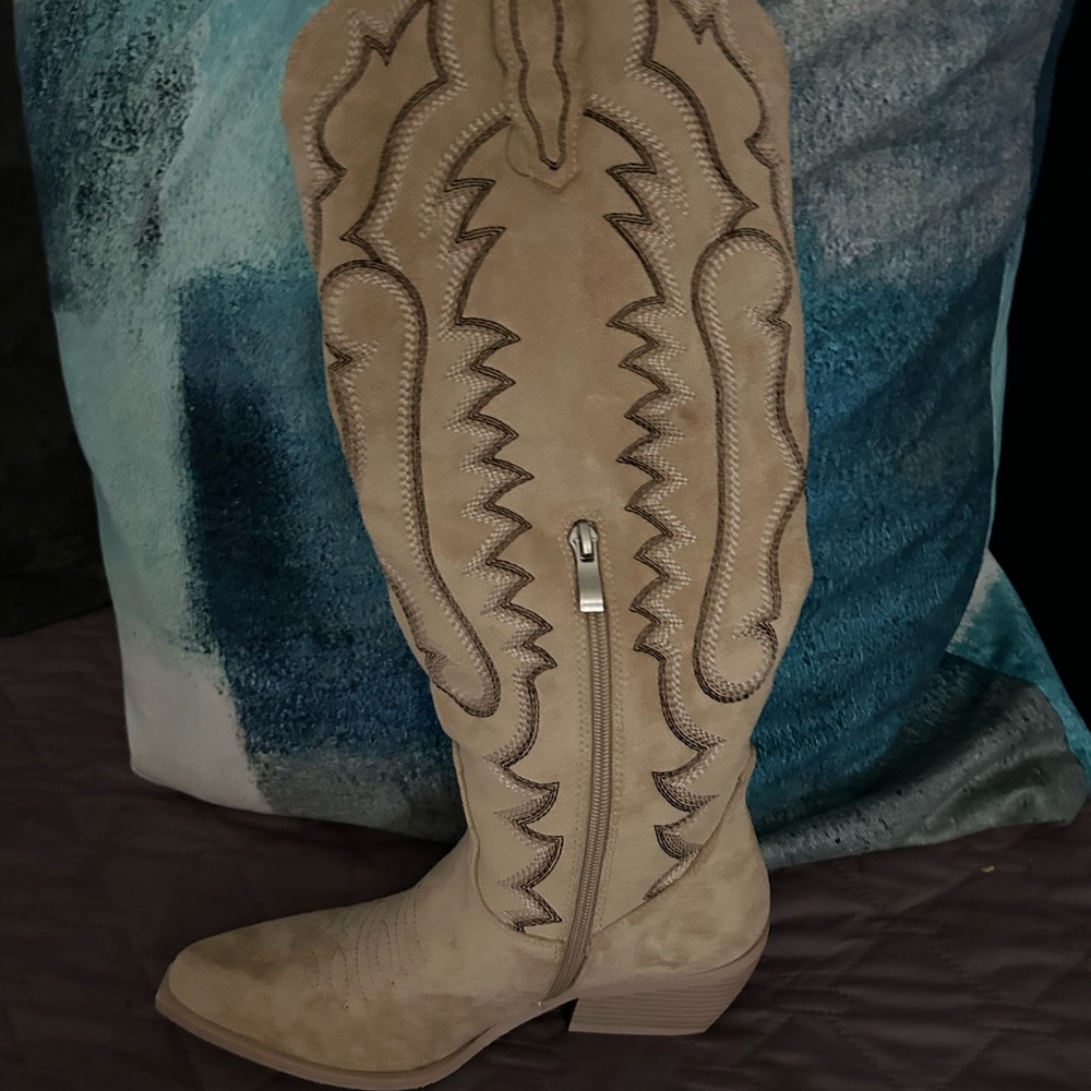 Taupe Suede Western Knee-High Boot with Side Zip